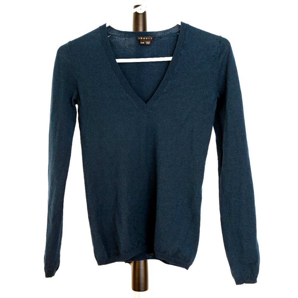 Theory Wool Dark Blue/Green Lightweight V-Neck Pullover Sweater‎ Sz XS